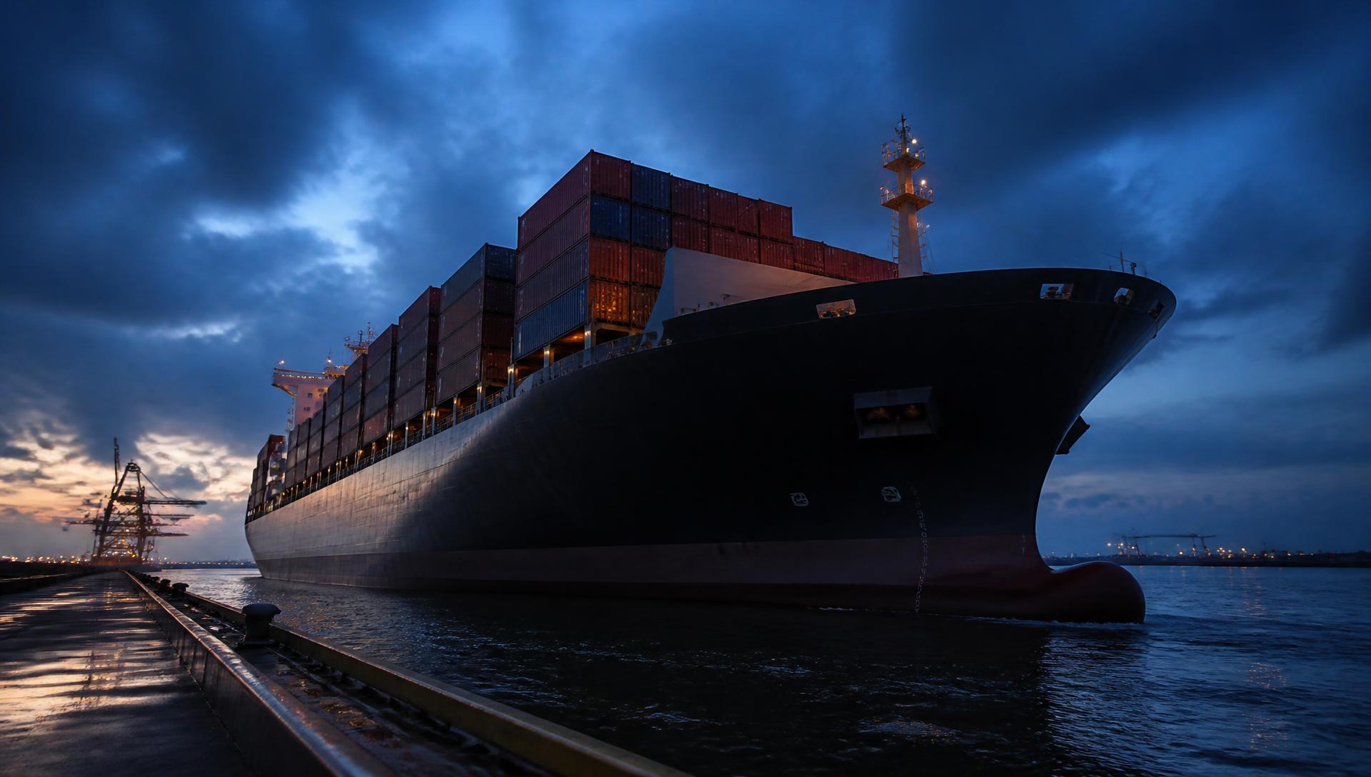 Container terminal at dawn with gantry cranes over a berthed vessel