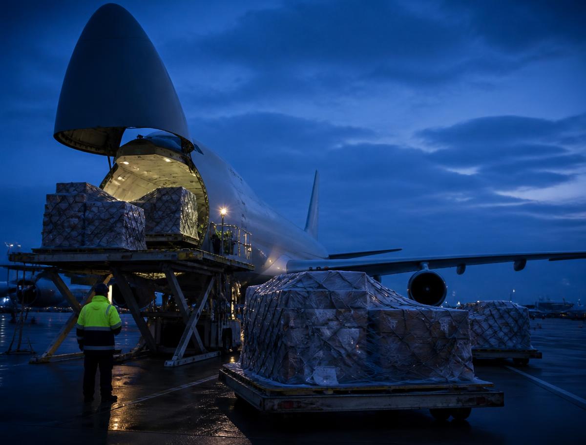 Cargo aircraft being loaded on an airport apron