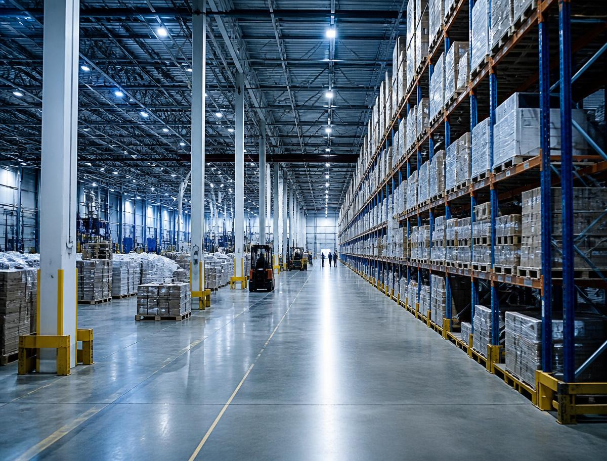 Organized freight stored inside a distribution warehouse